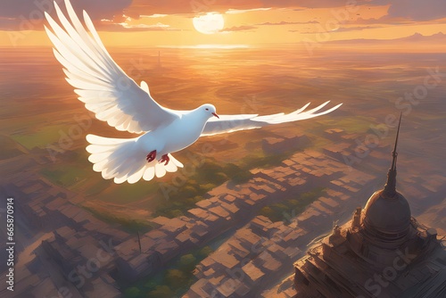 Ilustração de pomba branca da paz sobrevoando campo de guerra. Arte digital, representação da paz impedindo e paralisando conflitos armados. Paz em meio a guerra e destruição.