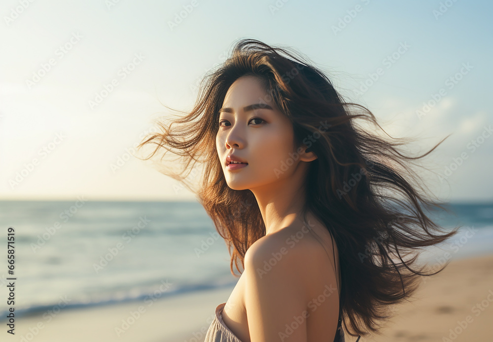 夕方の海にいるアジア人女性
夕方の海にいるアジア人女性