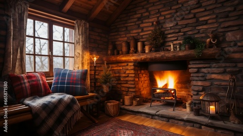 Cozy cabin with a chimney puffing wood smoke 