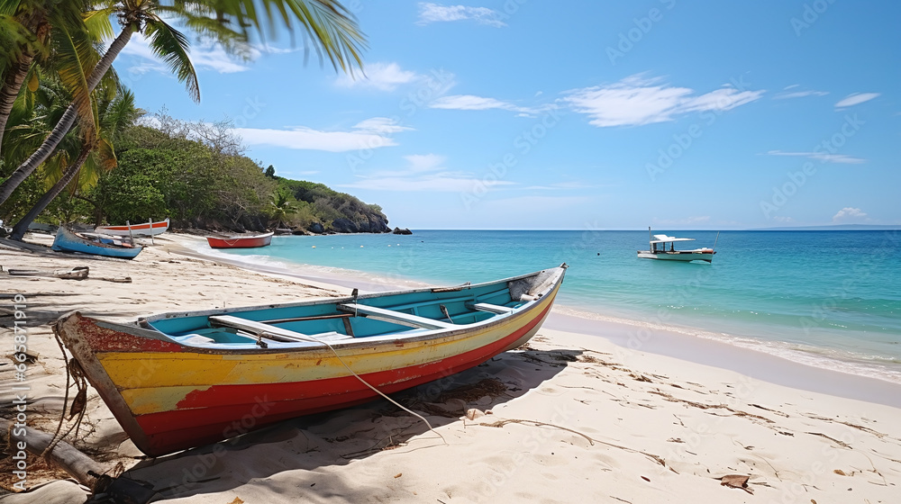 a colorful boat in the caribbean shore on a sunny day