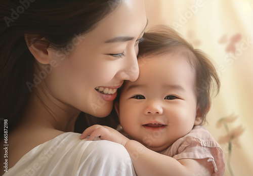 赤ちゃんを抱く若いアジア人ママ 