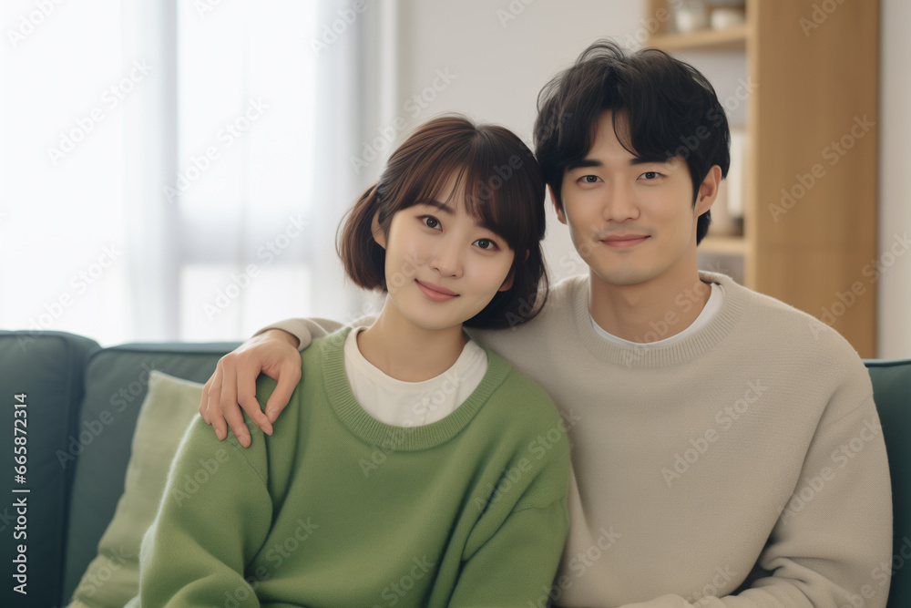 Portrait of Happy Asian Couple Relaxing Together on a Comfy Sofa Portrait of Happy Asian Couple Relaxing Together on a Comfy Sofa