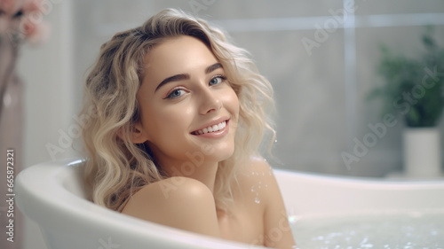 バスルーム・お風呂に入る若い白人女性（入浴・バスタイム）
 photo