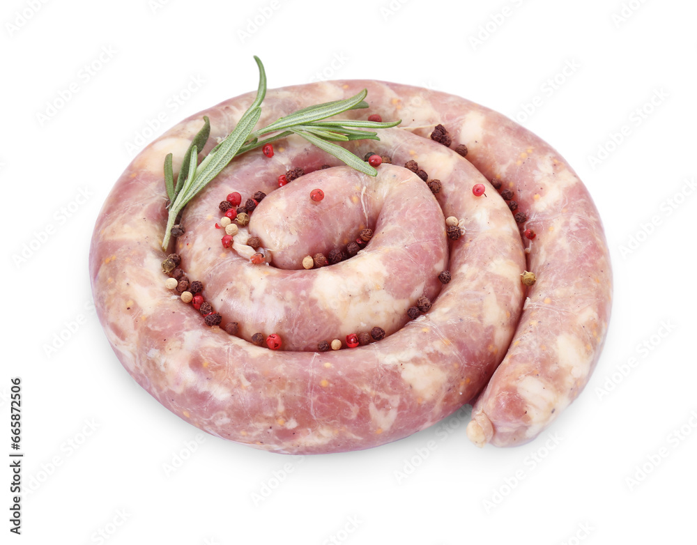 Homemade sausage, rosemary and spices isolated on white Homemade sausage, rosemary and spices isolated on white