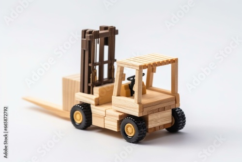 Forklift raises wooden crate on white background, representing delivery services. Generative AI