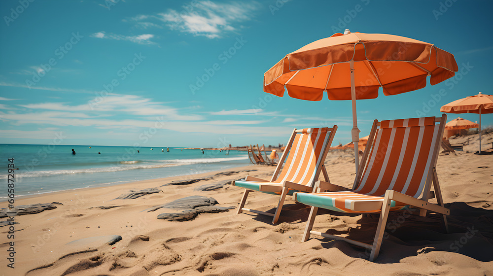 beach chairs and umbrella - obrazy, fototapety, plakaty 