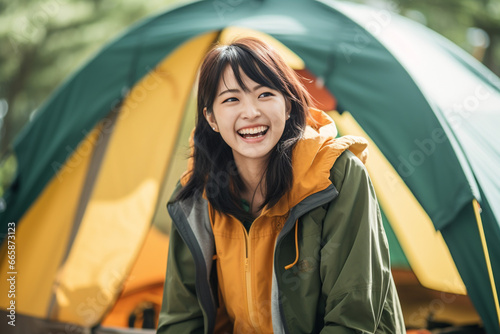 休日のキャンプを楽しむ笑顔の女性