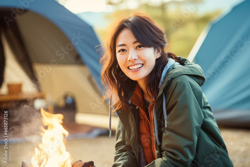 休日のキャンプを楽しむ笑顔の女性
