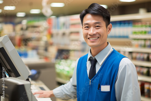 スーパーでレジ打ちをする笑顔の男性店員 photo