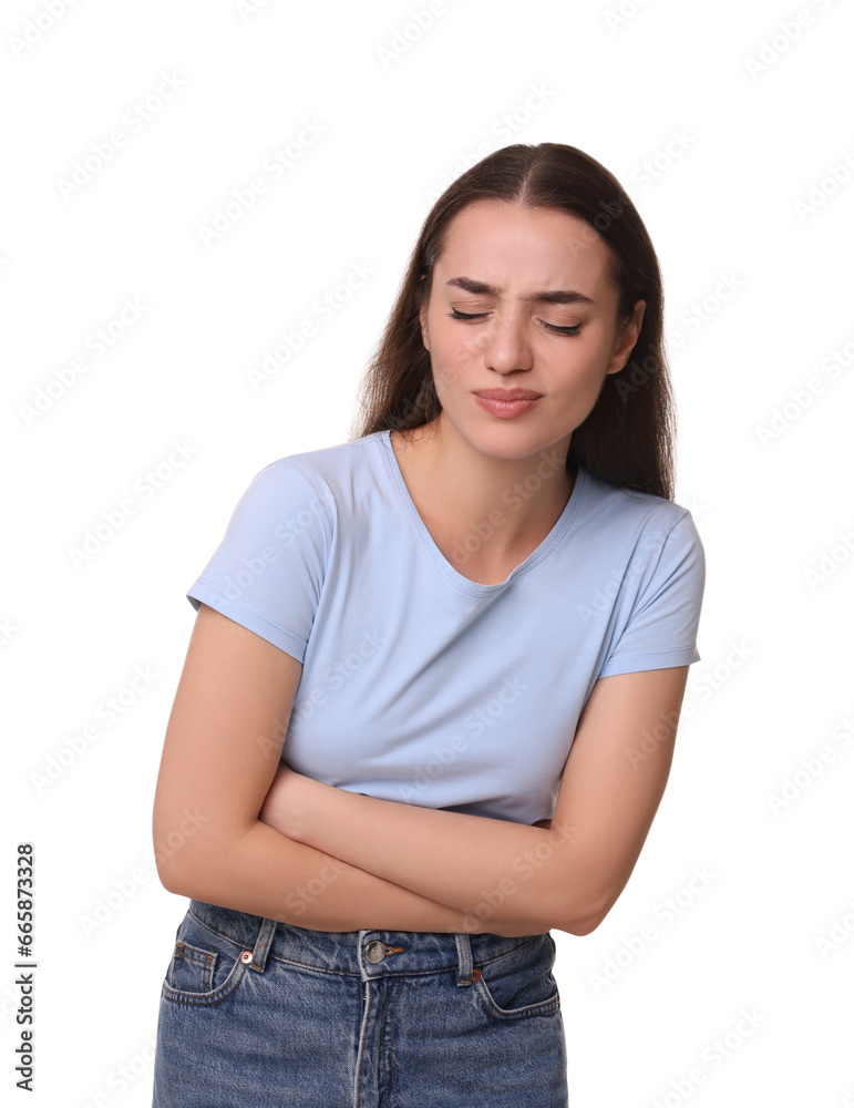 Woman suffering from abdominal pain on white background. Unhealthy stomach Woman suffering from abdominal pain on white background. Unhealthy stomach