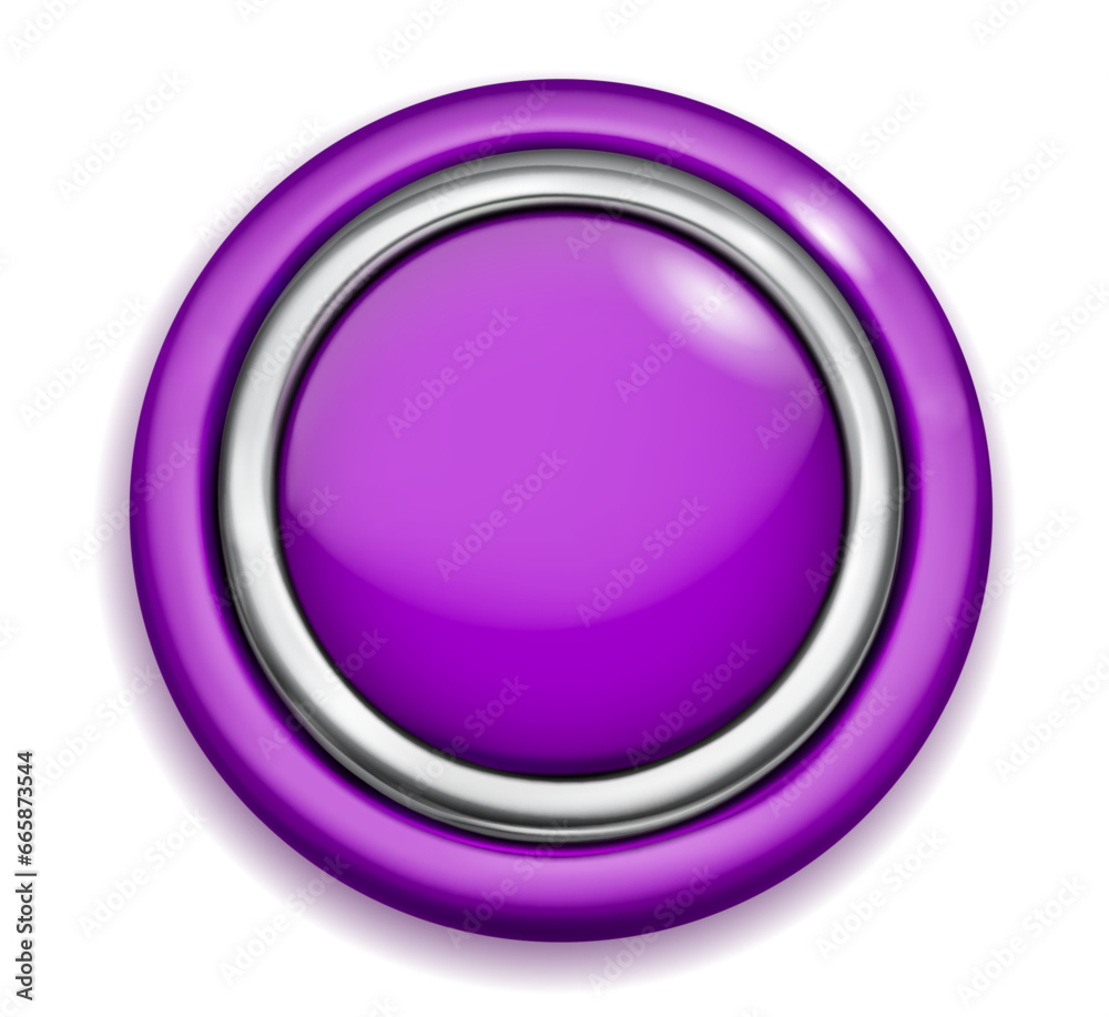 Realistic big purple plastic button with shiny metallic and colored borders. With shadow on white background Realistic big purple plastic button with shiny metallic and colored borders. With shadow on white background