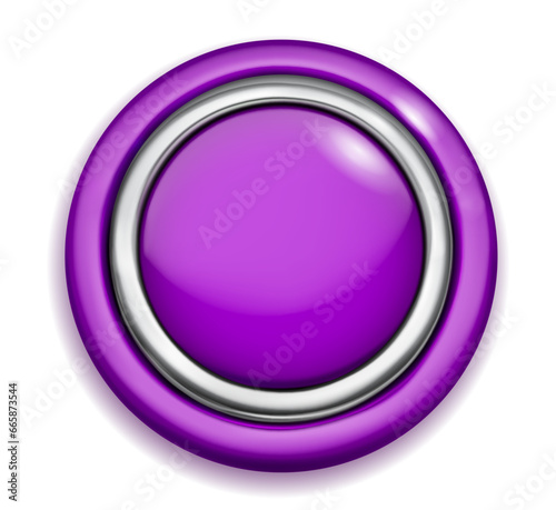 Realistic big purple plastic button with shiny metallic and colored borders. With shadow on white background