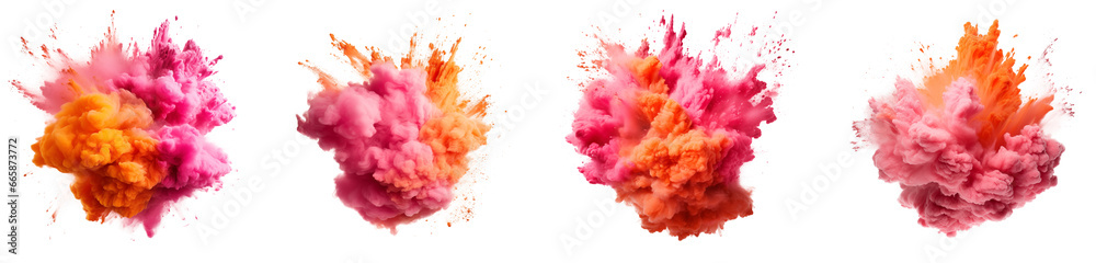 Set of powder explosion pink and orange ink splashes, Colorful paint splash elements for design, isolated on white and transparent background Set of powder explosion pink and orange ink splashes, Colorful paint splash elements for design, isolated on white and transparent background