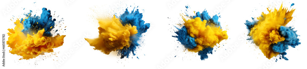 Set of powder explosion yellow and blue ink splashes, Colorful paint splash elements for design, isolated on white and transparent background - obrazy, fototapety, plakaty 