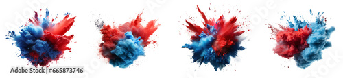 Set of powder explosion red and blue ink splashes, Colorful paint splash elements for design, isolated on white and transparent background