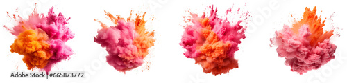 Set of powder explosion pink and orange ink splashes, Colorful paint splash elements for design, isolated on white and transparent background