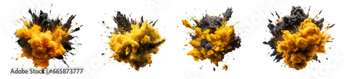 Set of powder explosion yellow and black ink splashes, Colorful paint splash elements for design, isolated on white and transparent background
