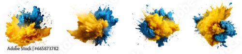 Set of powder explosion yellow and blue ink splashes, Colorful paint splash elements for design, isolated on white and transparent background