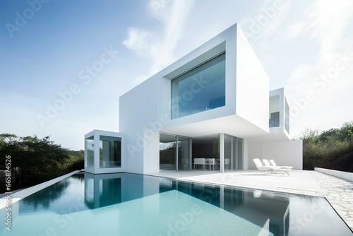 Contemporary isolated white villa. Generative AI © Una