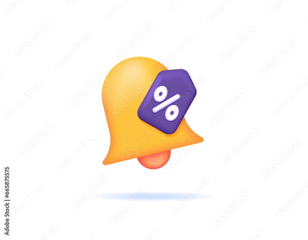 Fototapeta premium new offer notifications. shopping promotions or discounts. notification about coupons or discount vouchers. 3d illustration of bell and percent symbol. symbol or icon. minimalist 3d concept design.