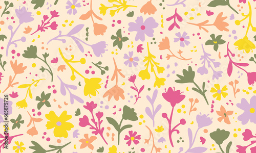 Retro, fun, botany elements seamless repeat pattern. Random placed, vector flowers and leaves all over surface print on beige background.