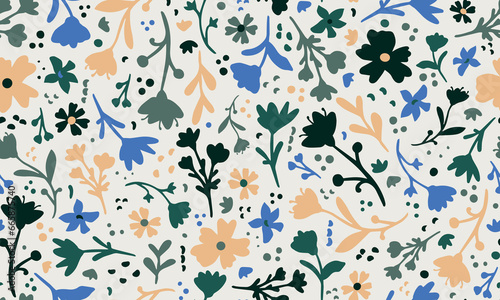 Multicolored botany elements seamless repeat pattern. Random placed, vector flowers and leaves all over surface print on white background.