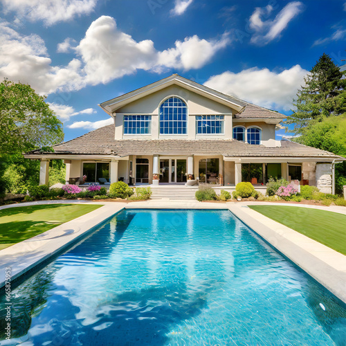 Beautiful home exterior and large swimming pool on sunny day with blue sk © Donald