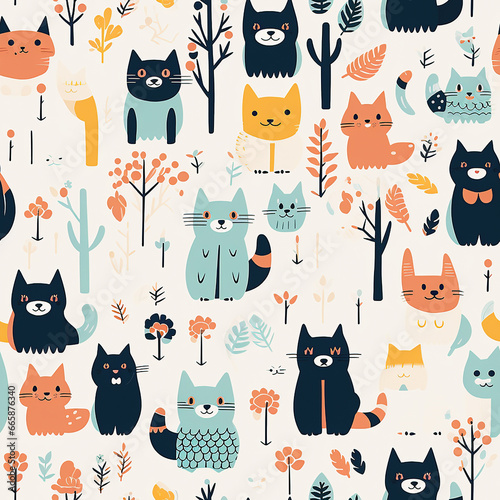 Hand drawn Japanese style seamless pattern of cats. photo