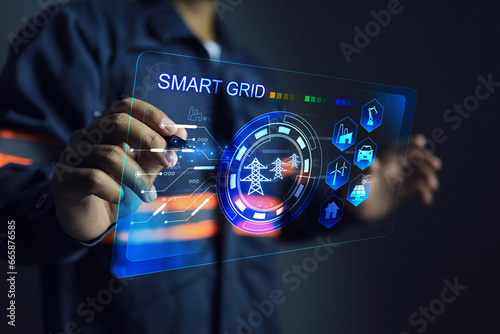 Smart grid concept with electric power Industry and electrical engineer operating control panel distributor dashboard on grid distribution network