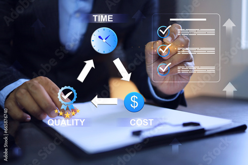 Project manager planning to manage works by time cost and quality factor to get the best result of output and save resource in project management concept
