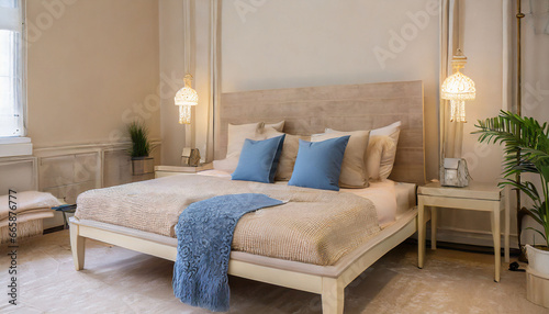 beige interior, Blue pillows on bed. French country interior design of modern bedroom