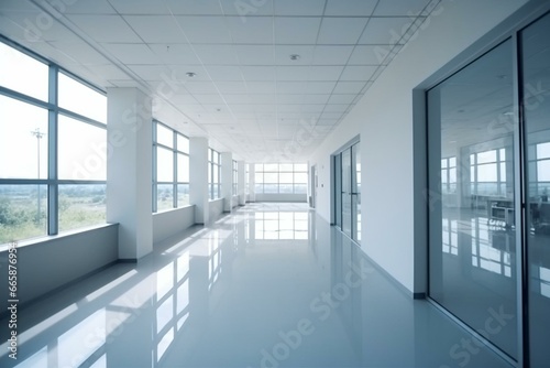 Blurred office or medical hall with panoramic windows and perspective. Generative AI