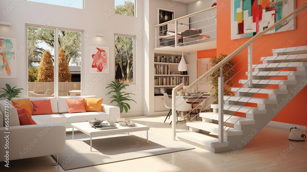 Fototapeta premium modern living room with furniture in warm sun - Template - Mock up poster - Generative Ai