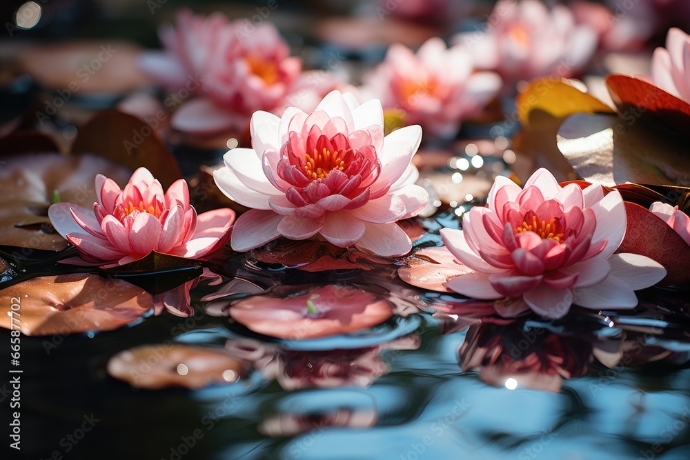 A serene lotus pond with petals softly floating on the water's surface.