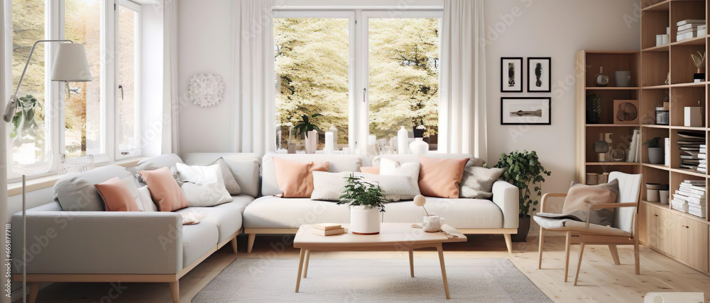 Stylish Scandinavian modern living room with open window and stylish wooden coffee table with plant on it - Generative Ai