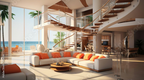 modern living room with open floor plan looking out at the beach - Generative Ai photo