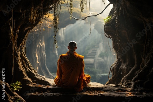 A solitary monk meditating under an ancient banyan tree.
