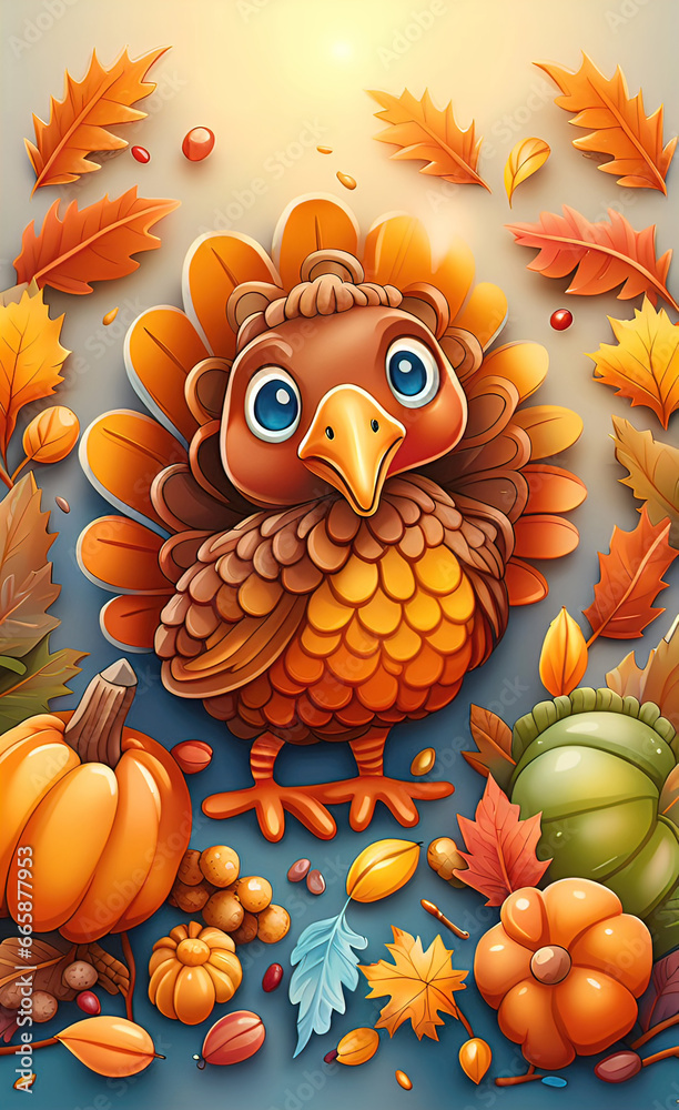 watercolor illustration, Thanksgiving and holiday theme, cartoon drawing, very cute, print for background, pumpkin