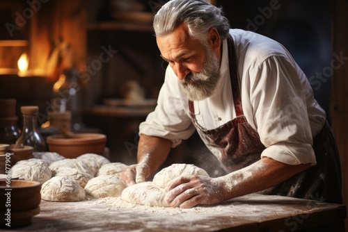 Baker kneading fresh dough, rustic kitchen, aroma of rising bread.