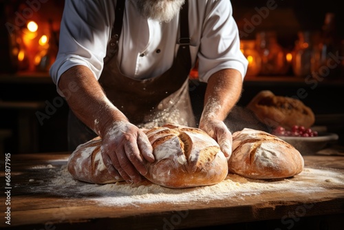 Baker kneading dough, rustic bakery aroma of fresh bread wafting.