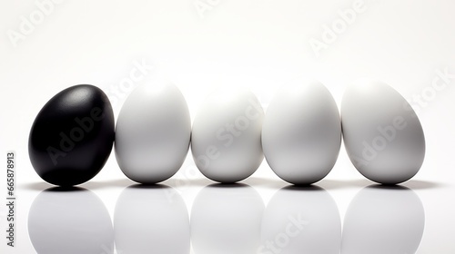 one Black and four white eggs in a row on a white background with reflection