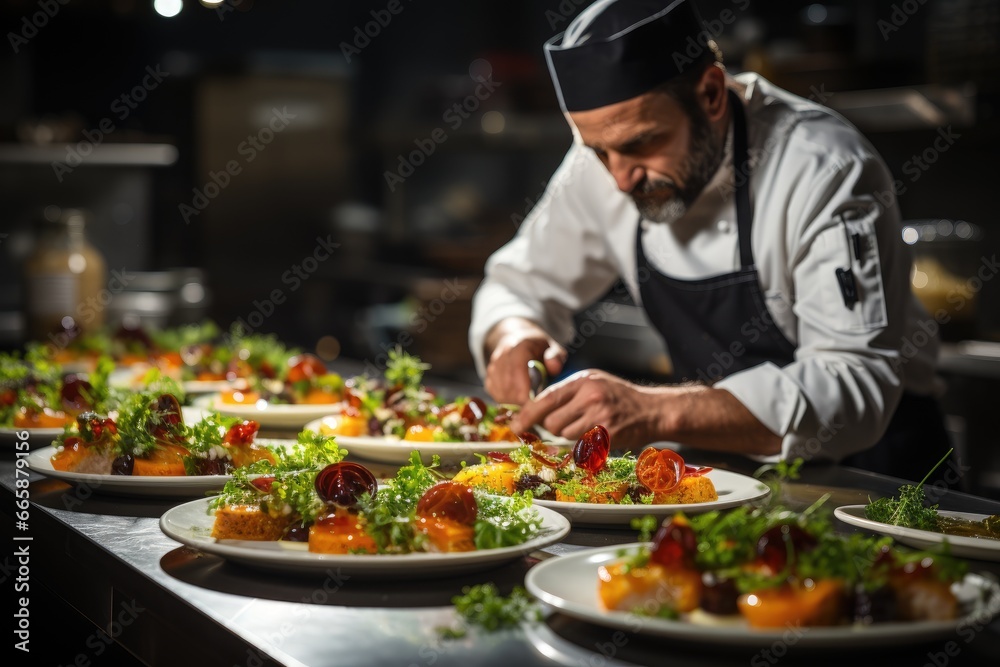 Chef masterfully plating gourmet dish, upscale restaurant kitchen.