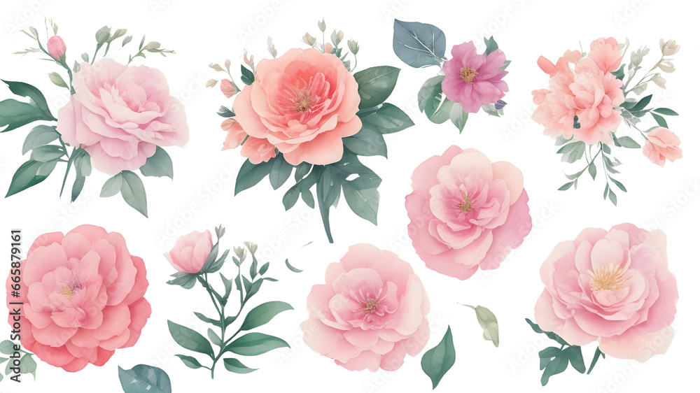 set of rose flowers isolated