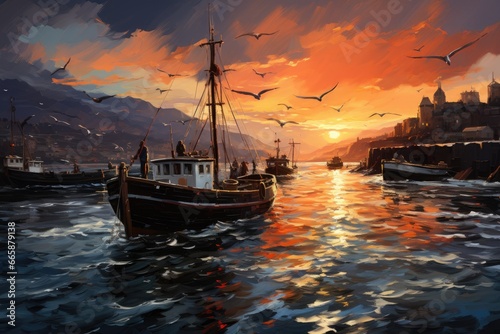 Bustling harbor with fishing boats returning at sunset.