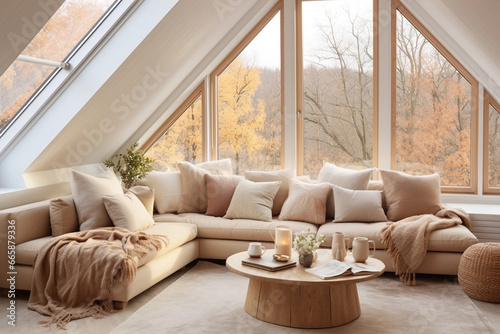 Cozy Scandinavian-styled attic interior. Autumn view outside the window