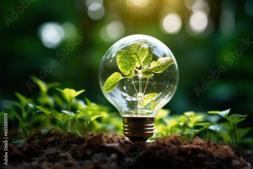 The light bulb, a symbol of illumination, transcends its conventional role, intertwining with the ecological dance of leaves and the organic growth of trees 