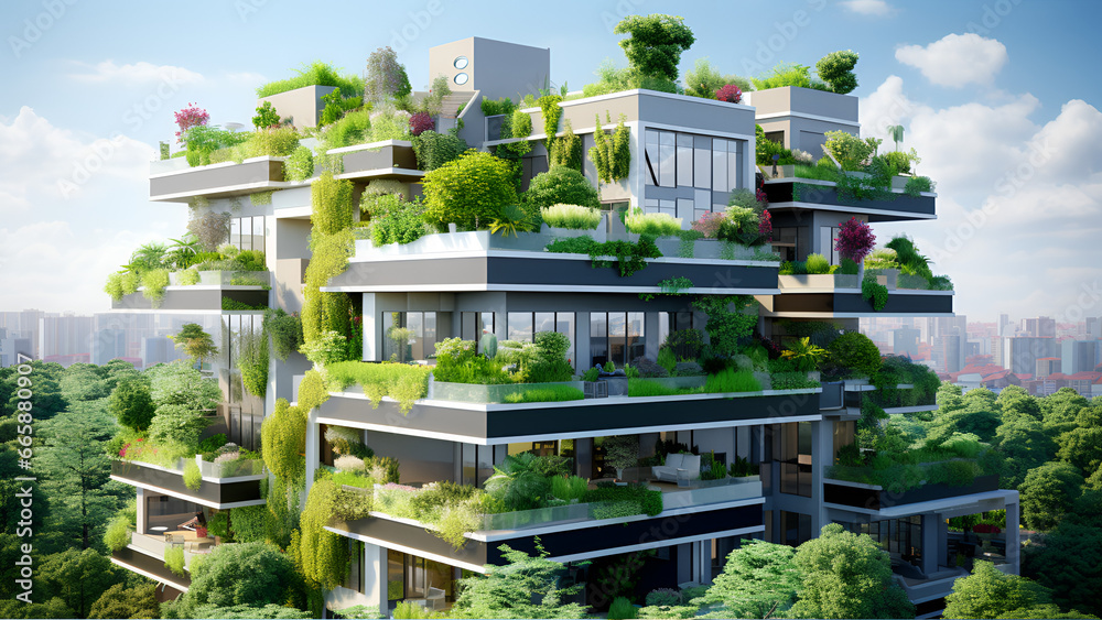 Modern, eco-friendly high-rise design featuring elements like green roofs, solar panels, and natural ventilation systems, Generative AI

