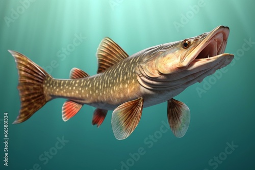 Ideal stance for typical flying pike fish, rendered flawlessly in 3D. Generative AI