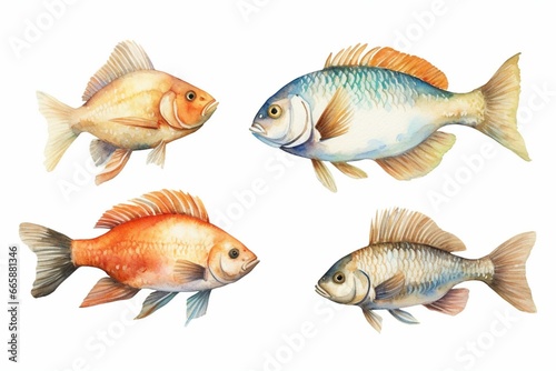Original hand-painted watercolor artwork of 3 types of small white fish. Generative AI photo