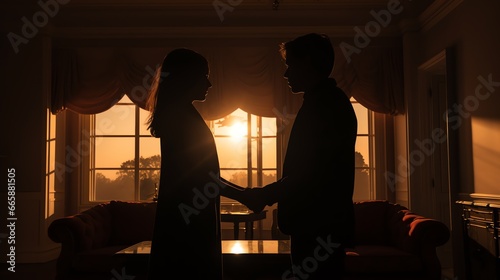 Two silhouettes – a man and a woman – face each other, bathed in the warm light of the sun filtering through the window.; captured during the golden hour.